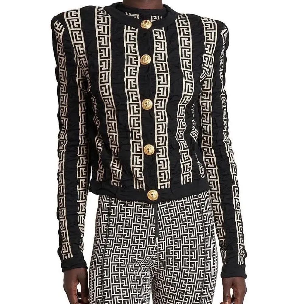 Balmain Monogram Pattern Wool Blend Button Cardigan Size 40
